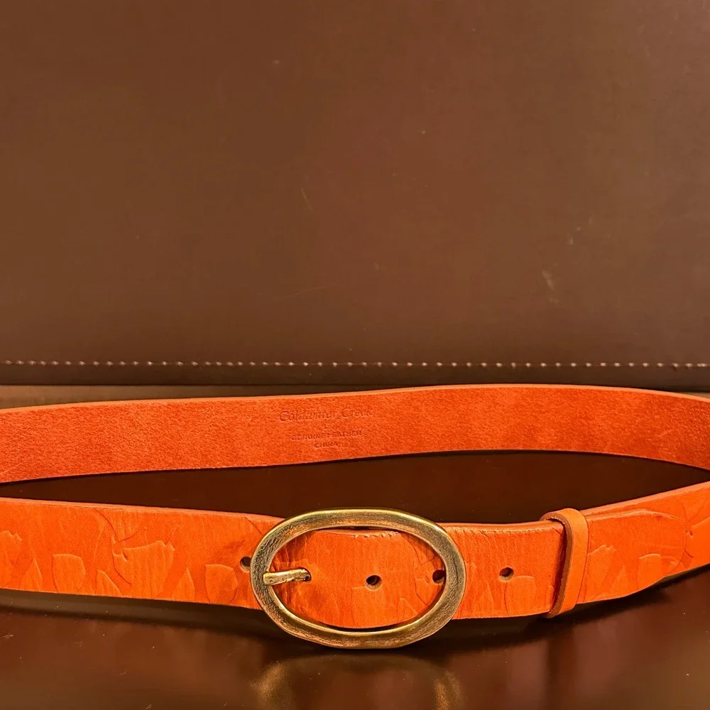 Coldwater Creek Mens Orange Genuine Leather Embossed Floral Belt Brass Buckle L